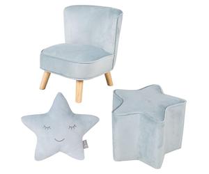 Lot Roba "Lil Sofa" comprenant : un fauteuil pour enfant, un repose-pied en forme d'étoile et des coussins décoratifs en forme d'étoile, dans des tons bleu clair/bleu ciel