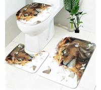 Lot Tapis Salle de Bain 3 Pièces Lion Animal et Papillon Microfibre Antidérapant Lavable en Machine Brun Tapis WC Contour, Housse Couvercle Toilette Doux