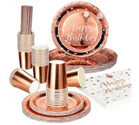 Lot vaisselle jetable rose or - 2 couverts, assiettes, gobelets, nappe - Biodégradable - Pour anniversaire, pique-nique
