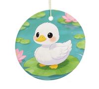 Lotus rose avec canards blancs - Pendentif rond en céramique à suspendre - Décoration d'intérieur double face personnalisée - Cadeau léger et durable pour la maison, les fêtes, les femmes et les