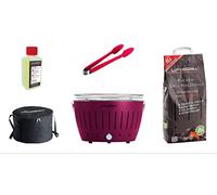 LotusGrill kit débutant 1x LotusGrill Prune-pourpre 1x Charbon de bois de hêtre 1kg,1x Pâte brûlante 200ml,1x Pinces à saucisses Rouge,1x sac de Transport le barbecue à charbon de bois sans fumée/