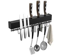 LOTUSWILD Porte Couteaux Aimanté 3 en 1 40cm - Barre Aimantée en Acier Inox avec 8 Crochets & Rangement Couteaux - Montage Autocollant ou Vis - Support Magnetique Cuisine Mural