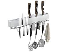 LOTUSWILD Porte Couteaux Aimanté 3 en 1 40cm - Barre Aimantée en Acier Inox avec 8 Crochets & Rangement Couteaux - Montage Autocollant ou Vis - Support Magnetique Cuisine Mural