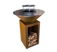 Lou Bouscarian Rond ⌀ 74cm - Brasero Plancha en Acier Corten - Barbecue Exterieur avec Rangement Bûches - Design Jardin Terrasse, Grille de Cuisson et Stop Food Inclus - kit allumage Offert