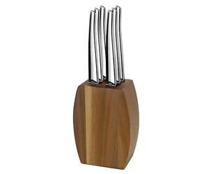 LOU LAGUIOLE Bloc avec 6 couteaux steak en Inox Jet 9x5x12 cm, Bois accacia | Bloc en bois d'acacia avec 6 couteaux steak, Acier inoxydable 13 C, Finition Miroir, 9 x 5 x 12 cm, Bois