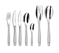 Lou Laguiole Figure ménagère 62 couverts pour 12 personnes, inox satiné | Ménagère 62 couverts pour 12 personnes avec couteaux steak, Acier inoxydable 18/0, Finition Satinée, Lave-vaisselle