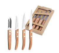 Lou Laguiole Forest 4 couteaux petite coutellerie, Acier 13C, Bois Clair | Set de 4 couteaux (Éplucheur, Bec d'oiseau, Office), Acier inox 13C, Finition satinée, Bois clair, Lave-vaisselle