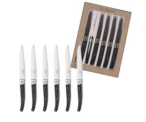 Lou Laguiole Pro Set 6 couteaux steak Lame microdentée 11.5 cm, Noir | Set couteaux steak de table, lames steak microdentées, Taille 23.2cm (lame 11.5cm), Acier 5Cr15MoV, Finition Brillante