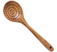 Louche à fentes en bois de teck - Ustensile artisanal avec long manche, passoire ajourée parfaite pour le riz, écumoire, compatible antiadhésif, naturel, résistant à la chaleur