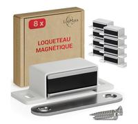 LouMaxx loqueteau magnétique - Force de maintien 4kg - Lot de 8 en blanc - aimant porte placard - ferme porte magnetique - aimant puissant pour porte