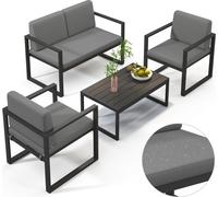 Lounge en aluminium 4 pièces Gris avec table & fauteuil résistant aux intempéries