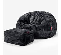 Lounge Pug Pouf Poire Classique pour Adulte en Velours Côtelé avec Repose-Pieds - Confortable, Facilement Transportable - Noir