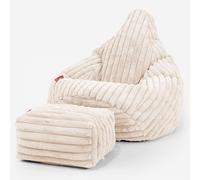 Lounge Pug Pouf Poire Gamer avec Repose-Pieds en Velours Côtelé Ultra Pelucheux - Facilement Transportable, Assise Confortable, Pouf Salon, Adulte, Chambre Ado - Crème