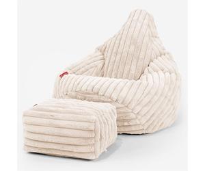 Lounge Pug Pouf Poire Gamer avec Repose-Pieds en Velours Côtelé Ultra Pelucheux - Facilement Transportable, Assise Confortable, Pouf Salon, Adulte, Chambre Ado - Crème