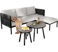 Loungeset - Ensemble de meubles de jardin - Canapé 3 places avec pouf et 2 tables d'appoint - Tressage de corde épaisse tissé à la main - Acier galvanisé - Beige