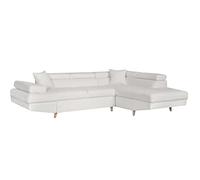 Canapé d'angle droit convertible RIO Scandinave avec coffre en tissu bouclette - Blanc, Pied bois - L271 x P192 x H70cm - LOUNGITUDE