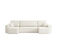 Canapé d'angle FARAH panoramique convertible 6 places en tissu bouclette - Blanc
