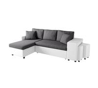 LOUNGITUDE - Canapé d'angle réversible Convertible avec Coffre et 2 poufs en Microfibre et Simili - Blanc/Gris - 3 + 2 Places