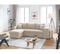 Canapé d'angle réversible convertible OSLO avec coffre, 2 poufs à gauche en velours côtelé beige - L241 x P146 x H81cm - LOUNGITUDE