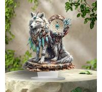 Loup avec attrape-rêves en acrylique pour décoration de bureau, convient pour la décoration de la maison dans le salon ou le bureau. Idée de cadeau : Halloween, Noël, anniversaire, anniversaire de