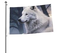 Loup blanc couché dans un mât de drapeau de jardin personnalisé, drapeaux de 90 cm x 60 cm avec œillets