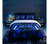 Loussiesd Gamer Parure de Lit Gaming Literie Set Enfants Garçons Filles Adolescents Chambre décor Bleu et Noir Console de Jeu Housse de Couette 140x200cm Gamepad Cellulaire géométrique décor
