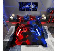 Loussiesd Gamer Parure de Lit Gaming Literie Set Enfants Garçons Filles Adolescents Chambre décor Rouge et Bleu Console de Jeu Housse de Couette 220x240cm Gamepad Cellulaire géométrique décor