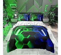Loussiesd Gamer Parure de Lit Gaming Literie Set Enfants Garçons Filles Adolescents Chambre décor Vert et Bleu Console de Jeu Housse de Couette 200x200cm Gamepad Cellulaire géométrique décor