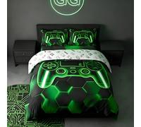 Loussiesd Gamer Parure de Lit Gaming Literie Set Enfants Garçons Filles Adolescents Chambre décor Vert et Noir Console de Jeu Housse de Couette 220x240cm Gamepad Cellulaire géométrique décor