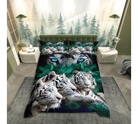 Loussiesd Tigre Parure de Lit Wild Animaux Theme Pattern Housse de Couette 140x200cm pour Les Enfants Adultes Safari Chats Housse de Couette Soft Wildlife White Tiger Decor Parure de Lit