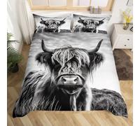 Loussiesd Vache Noire Blanche Parure de Lit garçons Filles Vache Haute Terre Housse de Couette 200x200cm Bétail des Highlands Rustique Ferme Ensemble de Literie décor de Chambre