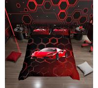 Loussiesd Voiture de Course Rouge Housse de Couette 220x240cm Enfants Garçons Adolescents Combe d'abeil Géométrique Parure de Lit Voiture de Sport de Vitesse Hexagonale Ensemble de Literie