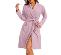 Lovasy Peignoir de Bain Femme Coton à Manches Longues Robe de Chambre Léger en Tricot Gaufré Peignoir Kimono Doux à Col Revers et Ceinture,A-Rose Clair,XXL
