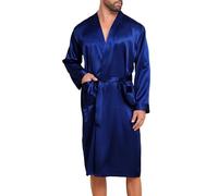 Lovasy Peignoir Homme Satin Robe de Chambre en Soie Léger à Manches Longues Peignoir de Bain kimono Doux et Confortable Vêtement de Nuit avec Ceinture et Poche,A-Bleu foncé,XXL