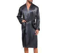 Lovasy Peignoir Homme Satin Robe de Chambre en Soie Léger à Manches Longues Peignoir de Bain kimono Doux et Confortable Vêtement de Nuit avec Ceinture et Poche,A-Gris foncé,L