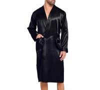 Lovasy Peignoir Homme Satin Robe de Chambre en Soie Léger à Manches Longues Peignoir de Bain kimono Doux et Confortable Vêtement de Nuit avec Ceinture et Poche,A-Noir,L