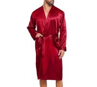 Lovasy Peignoir Homme Satin Robe de Chambre en Soie Léger à Manches Longues Peignoir de Bain kimono Doux et Confortable Vêtement de Nuit avec Ceinture et Poche,A-Rouge foncé,S