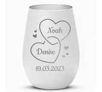 Love Faith Photophore personnalisé - Deux cœurs - Blanc/Argent | Photophore en verre mat avec gravure du prénom - Cadeau romantique pour l'anniversaire ou Saint-Valentin