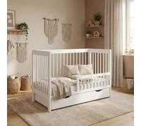 Love For Sleep Lit Bébé Évolutif 120x60 cm en Bois de Pin Blanc avec Barrière de Sécurité et Tiroir - Modèle LUCA - Lit Transformable pour Enfant, Fille ou Garçon