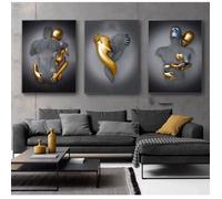 Love Heart Effet 3D Wall Art, 3PCS Abstrait Fil d'acier Métal Figure Sculpture Couple Impression Toile Peinture 50x70cmPas de Label