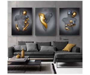 Love Heart Effet 3D Wall Art, 3PCS Abstrait Fil d'acier Métal Figure Sculpture Couple Impression Toile Peinture 50x70cmPas de Label