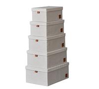 LOVE IT STORE IT Premium Boite de Rangement avec Couvercle, Beige, Lot de 5 | Lot 5 boites de rangement en tissu avec couvercle - renforcees MDF, empilables, gain de place, gris, anses en similicuir