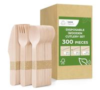 Love Nature Lot de 300 couverts jetables en bois - 100 fourchettes, 100 couteaux, 100 cuillères - Couverts biodégradables pour fête, barbecue, pique-nique, événements