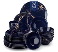 LOVECASA Daphne - Assiettes Service de Table 6 Personnes, Vaisselle Complète Moderne en Porcelaine, 24 Pièces (Assiettes Plates, à Dessert, Bols à Céréales, Tasses) - Design Bleu Marine & Doré