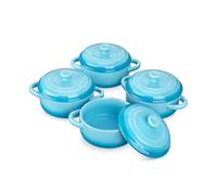 LOVECASA Mini Cocotte Individuelle en Grès pour four avec Couvercle - 4 X 380 ml Petite Cocottes Ronde Ramequin Crème Brûlée pour la Cuisson - Passe au Lave-vaisselle - Bleu Dégradé (Ø12.3 x H5.1 cm)