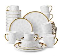 LOVECASA, Série Apollo, 32pcs Service de Table Complet en Grès pour 8 Personnes 8 Assiettes à Dessert, 8 Assiettes à Dîner, 8 Tasses, 8 Bols avec Garniture Dorée - Blanc