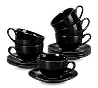 LOVECASA Sweet Service à Café en Porcelaine, 12 Pièces Pour 6, 230 ml | Noir - 6 Tasses et 6 Soucoupes - Compatibles Lave-Vaisselle et Micro-Ondes - Cappuccino, Petit-Déjeuner, Goûter, Thé