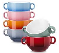 LOVECASA, Tasse à Bouillon avec Anses, 420ml, Bols à Soupe Céréales en Céramique 6 pièces, Passe au Lave-Vaisselle et au Four - Multicouleur