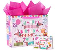 Loveinside Grand sac cadeau d'anniversaire 13 pouces avec carte et papier de soie - Motif teckel doré et inscription « Joyeux anniversaire » pour fille, garçon, enfant, baby shower