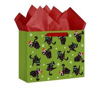 Loveinside Grand sac cadeau de Noël en forme de chat de 33 cm, sac cadeau motif chat noir vert et flocon de neige avec papier de soie pour enfants filles, amoureux des animaux, amis, - 13" x 5" x 10"